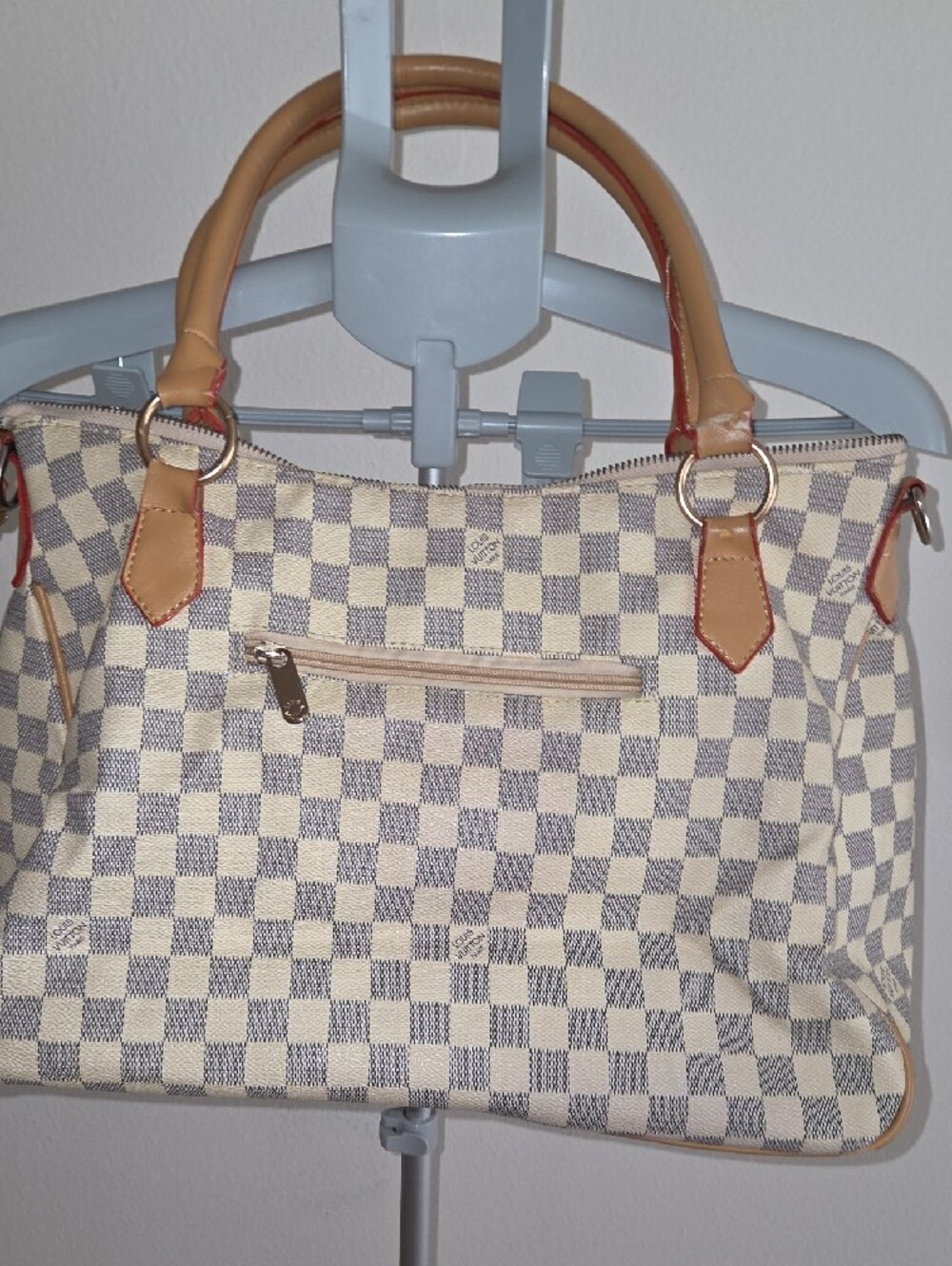 Designer-Style Cream Checkerboard Damier Tote Bag - Picture 7 of 13